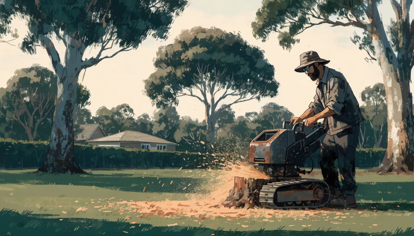 Tradesman operating a compact stump grinder in a Queensland backyard among gum trees